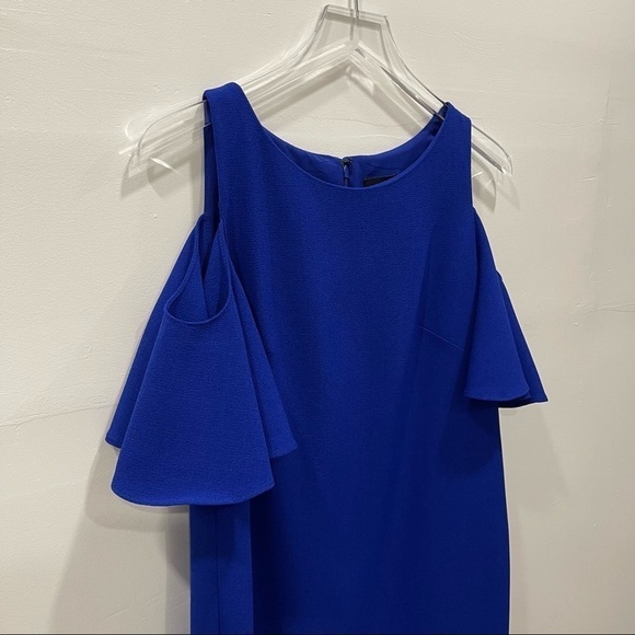Cynthia Rowley Cold Shoulder Ruffle Blue Shift Dress Size 10 Evening - Picture 3 of 7